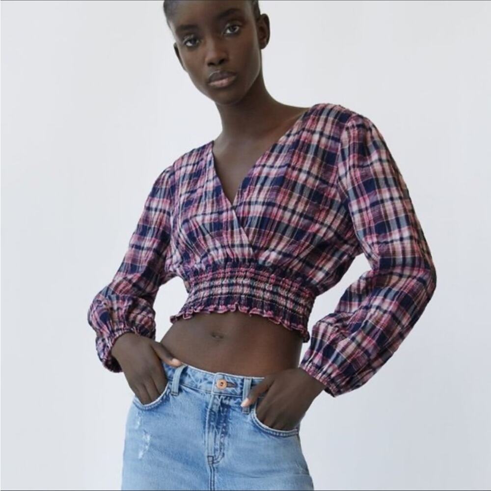 Zara NWT Plaid Purple Smocked Crop Surplice Top Size XS